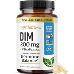 SMNutrition DIM 200 mg bottle demonstrates hormonal balance support in capsule form.