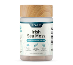 Front view of Snap Supplements Irish Sea Moss bottle