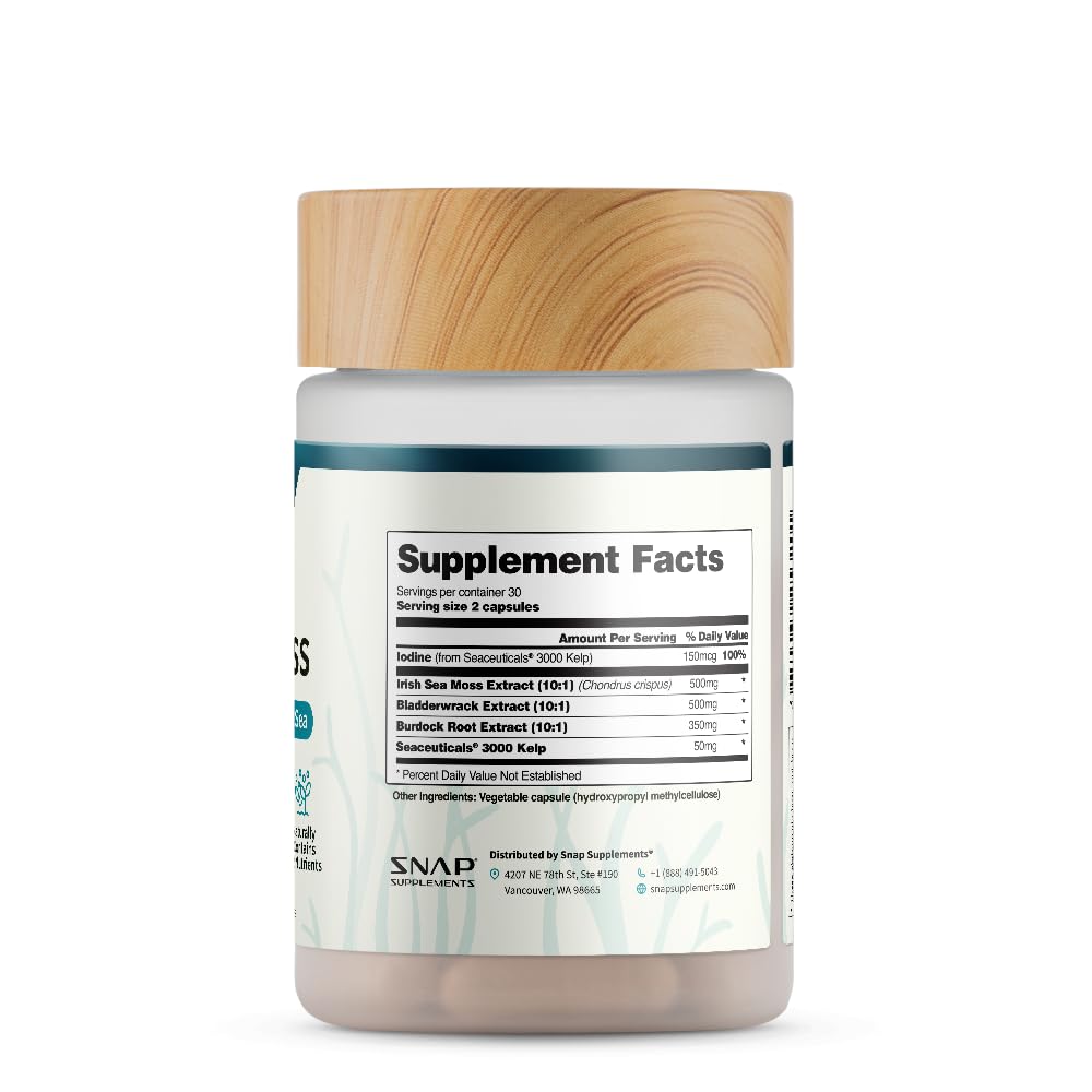 60 vegetarian capsules packaging and label of Snap Supplements Irish Sea Moss