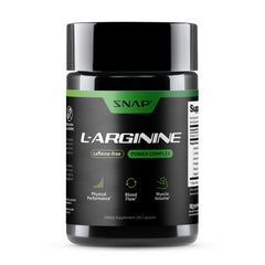 Product bottle of Snap Supplements L-Arginine capsules on white background