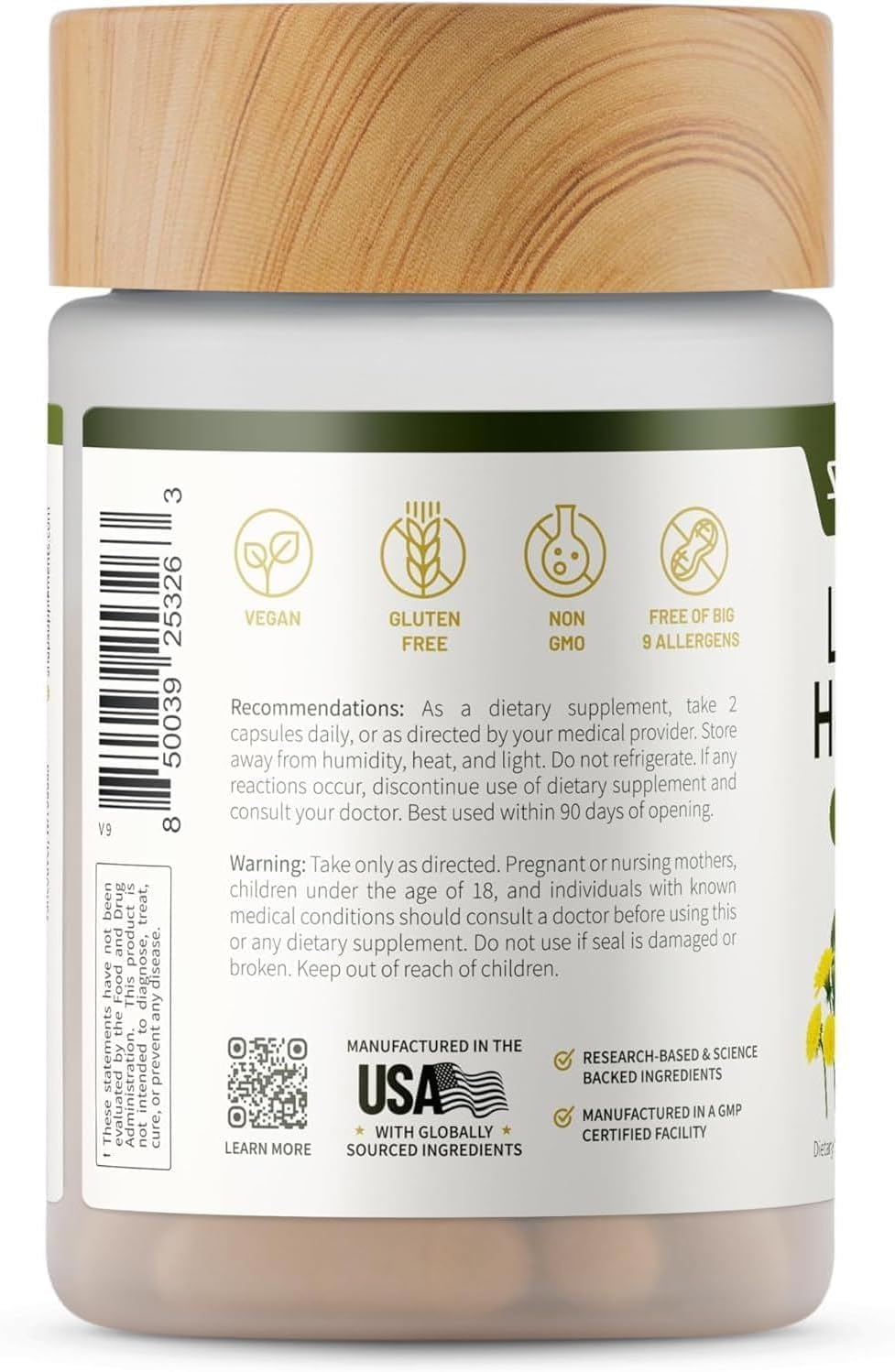 Label showing vegan, gluten-free, non-GMO attributes