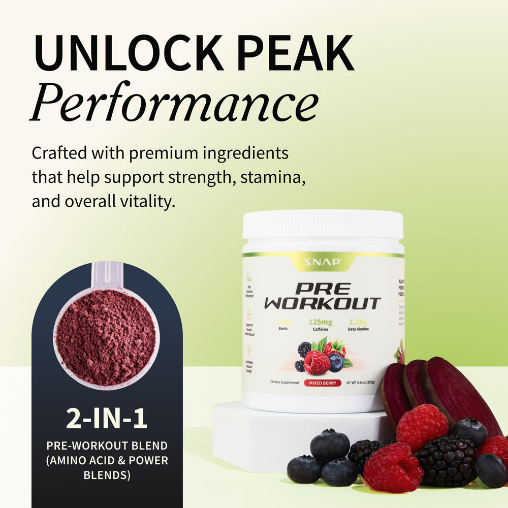 Snap Supplements mixed berry flavor powder tub highlights tasty pre workout energy