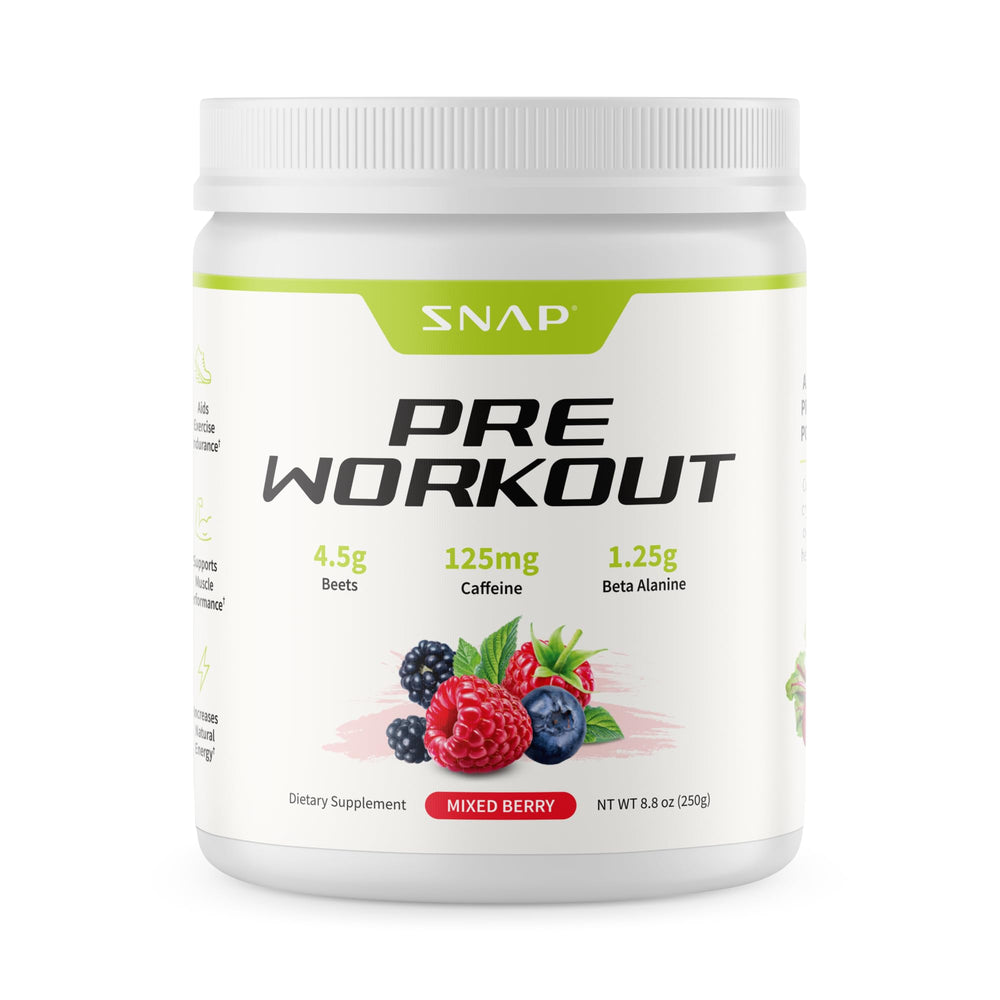 Snap Supplements pre-workout beet root powder jar shows a clean energy option for workouts
