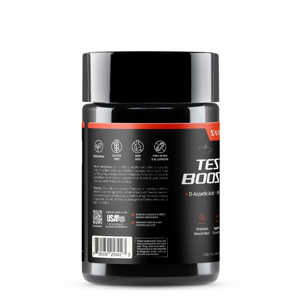 Snap Supplements testosterone booster ingredient chart highlights D3 and zinc benefits.