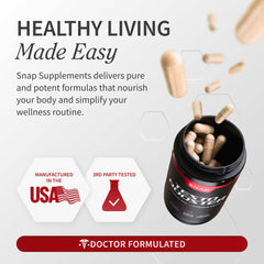 Snap Supplements testosterone booster pills beside a glass ready for a daily routine.
