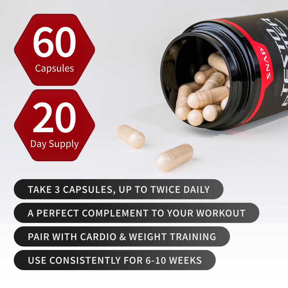 Snap Supplements testosterone booster tablet in hand suggests easy daily use.