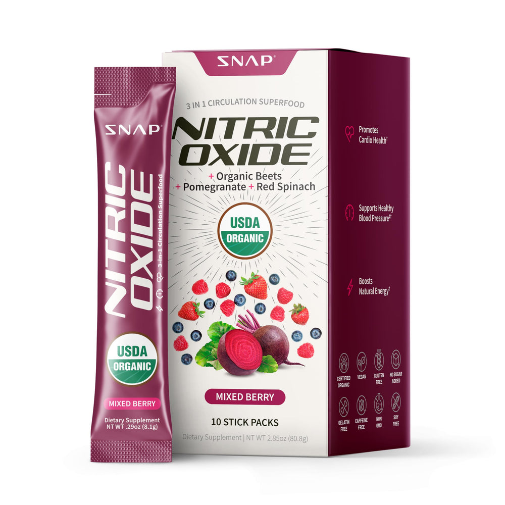 Snap Supplements Beet Root Nitric Oxide bottle with 10 single-serve packs, Mixed Berry