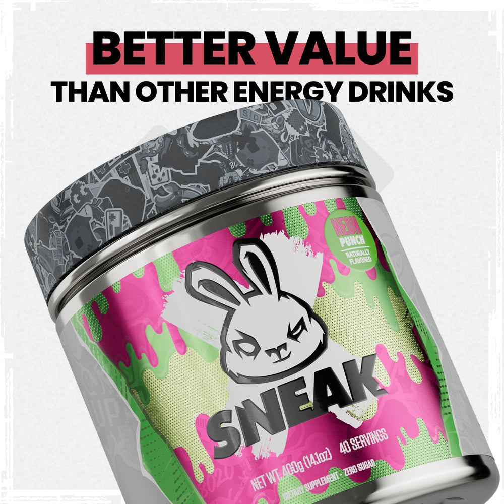 SNEAK Neon Punch tub packaging highlighting sugar-free, no-nasties formula.