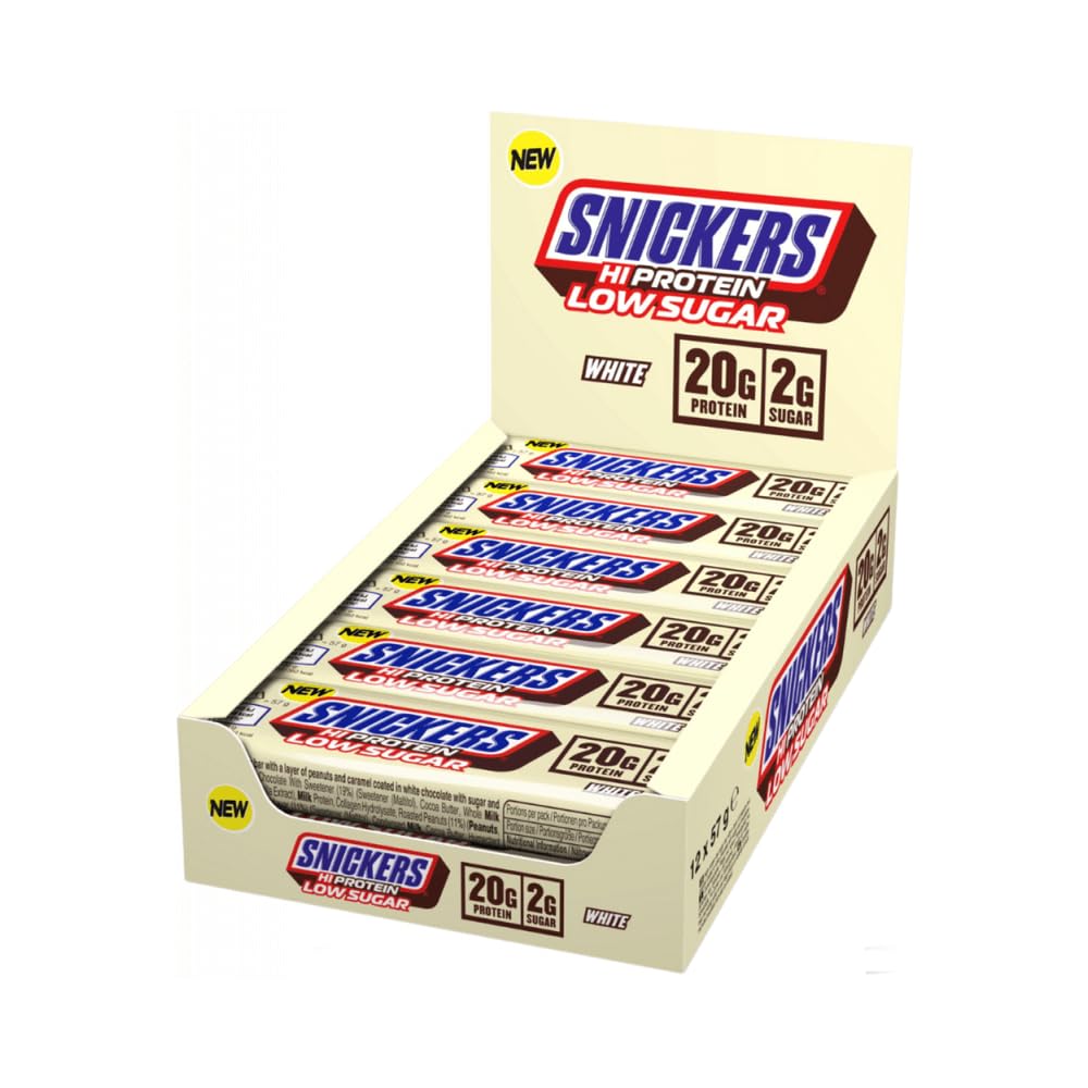 Snickers white chocolate bar 57g with creamy texture and protein boost