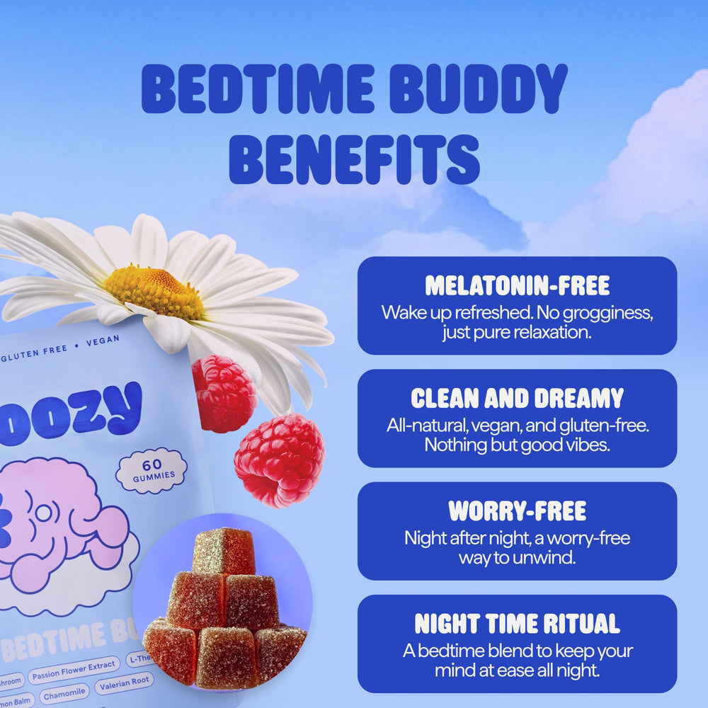 Snoozy Bedtime Buddy raspberry gummies bottle label