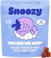 Front view of Snoozy Bedtime Buddy Raspberry Gummies bottle