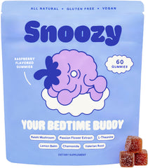 Front view of Snoozy Bedtime Buddy Raspberry Gummies bottle