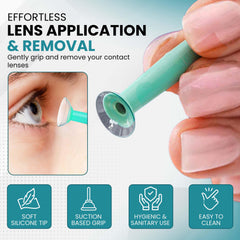 Close-up of green suction holder used with soft contact lenses