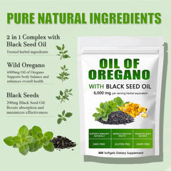 Front view of oregano and black seed oil softgels bottle