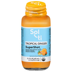 Sol-ti Tropical Ginger SuperShot bottle shows vibrant tropical juice with vitamin C benefits