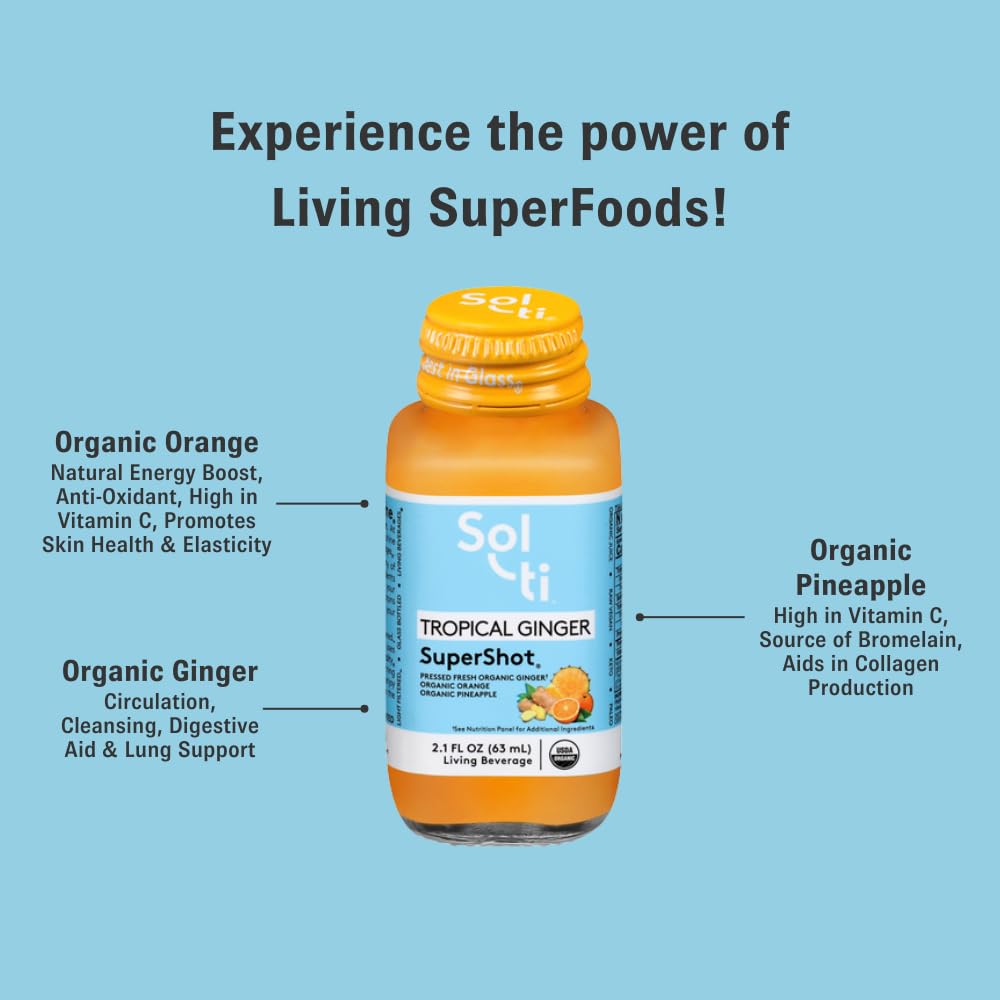 Sol-ti Tropical Ginger SuperShot glass bottle emphasizes cold-pressed freshness