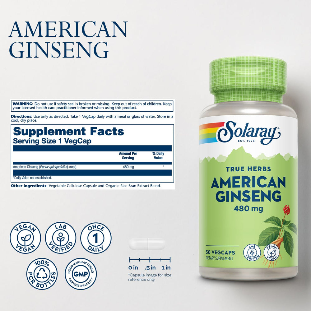 American ginseng capsules bottle displaying 50 VegCaps