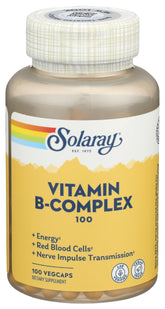 Solaray B-Complex bottle shows 100 mg vitamins for daily energy support