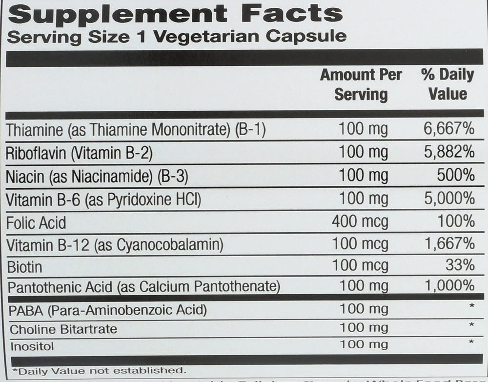 Solaray B-Complex label front lists nutrients for quick reference