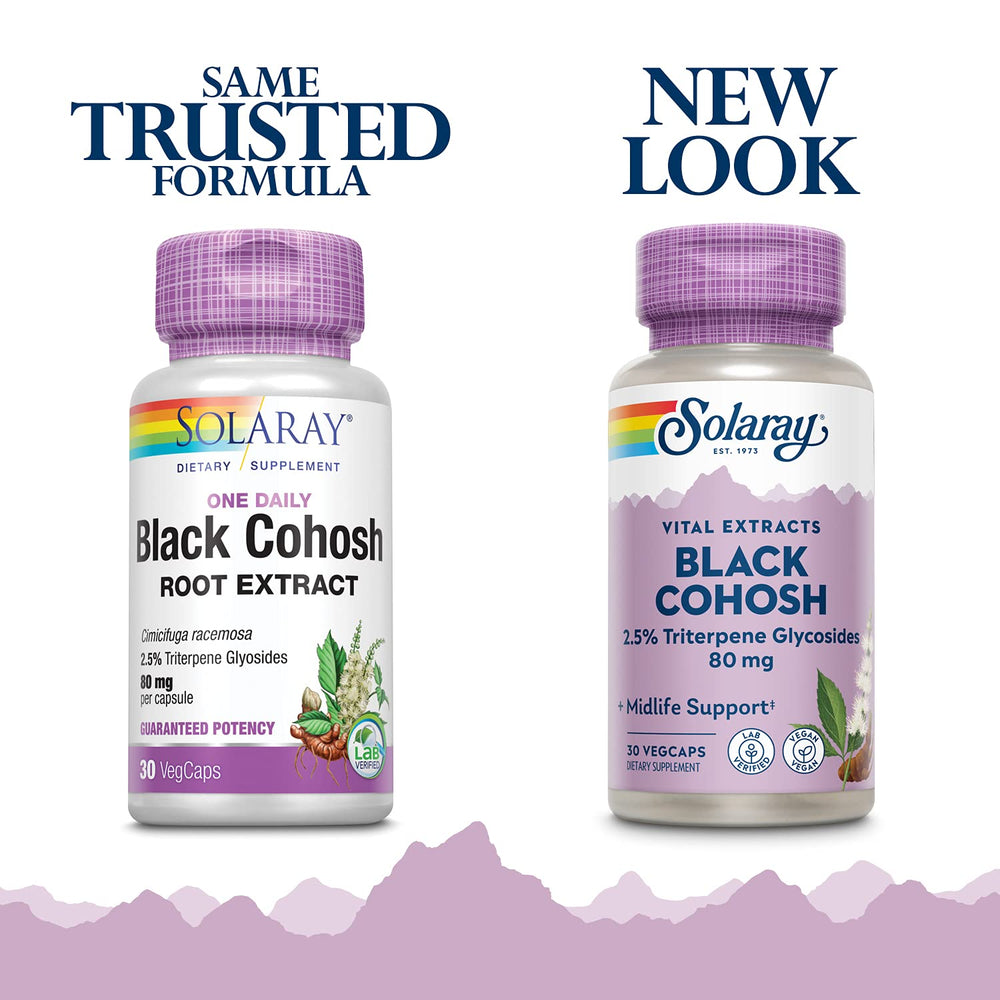 Close-up image of SOLARAY Black Cohosh Root Extract 80 mg capsules - menopause support, lab verified