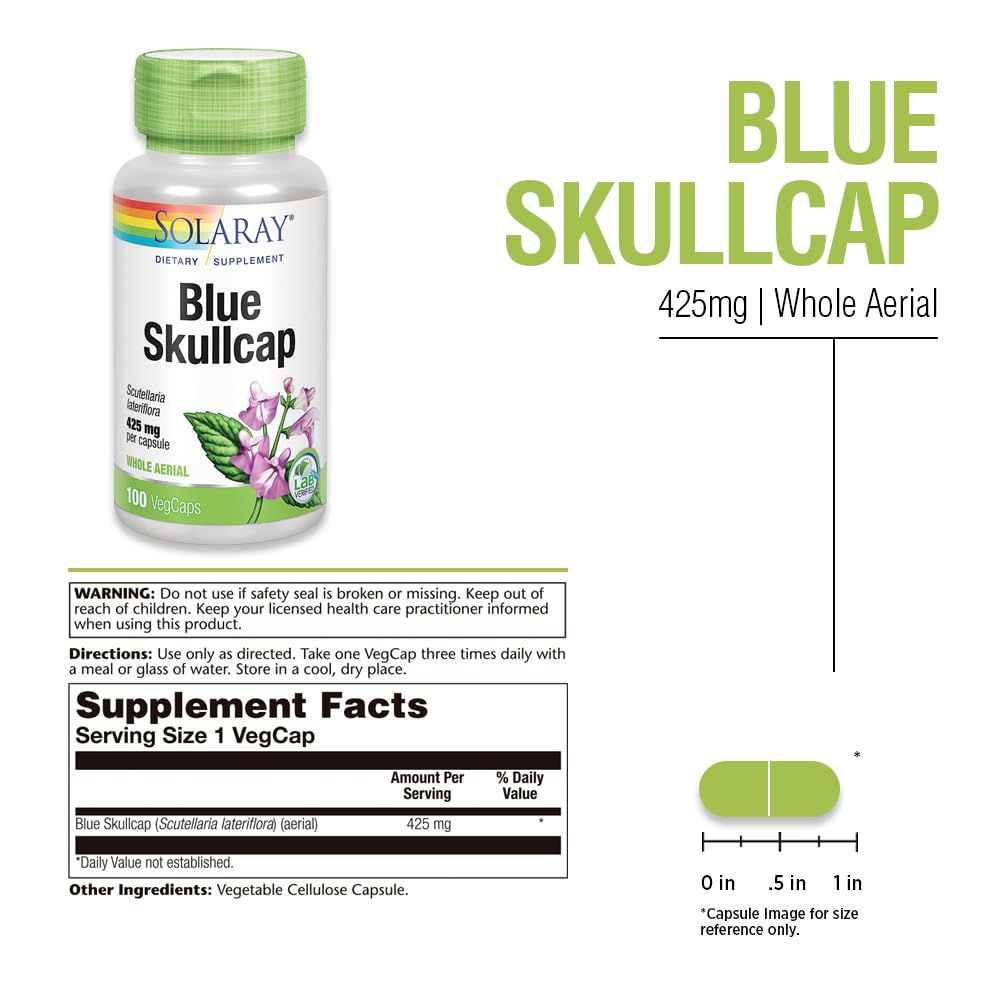 Blue Skullcap 425mg capsules arranged on white background