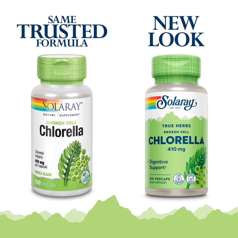 Close-up of SOLARAY Broken Cell Chlorella packaging