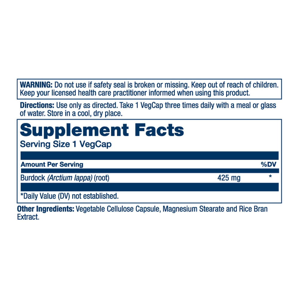 SOLARAY Burdock Root 425 mg bottle side label with Non-GMO and 100 VegCaps