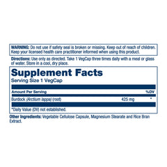 SOLARAY Burdock Root 425 mg bottle side label with Non-GMO and 100 VegCaps