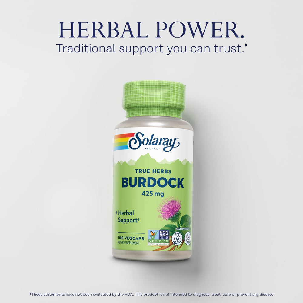Close-up of Burdock Root 425 mg capsules