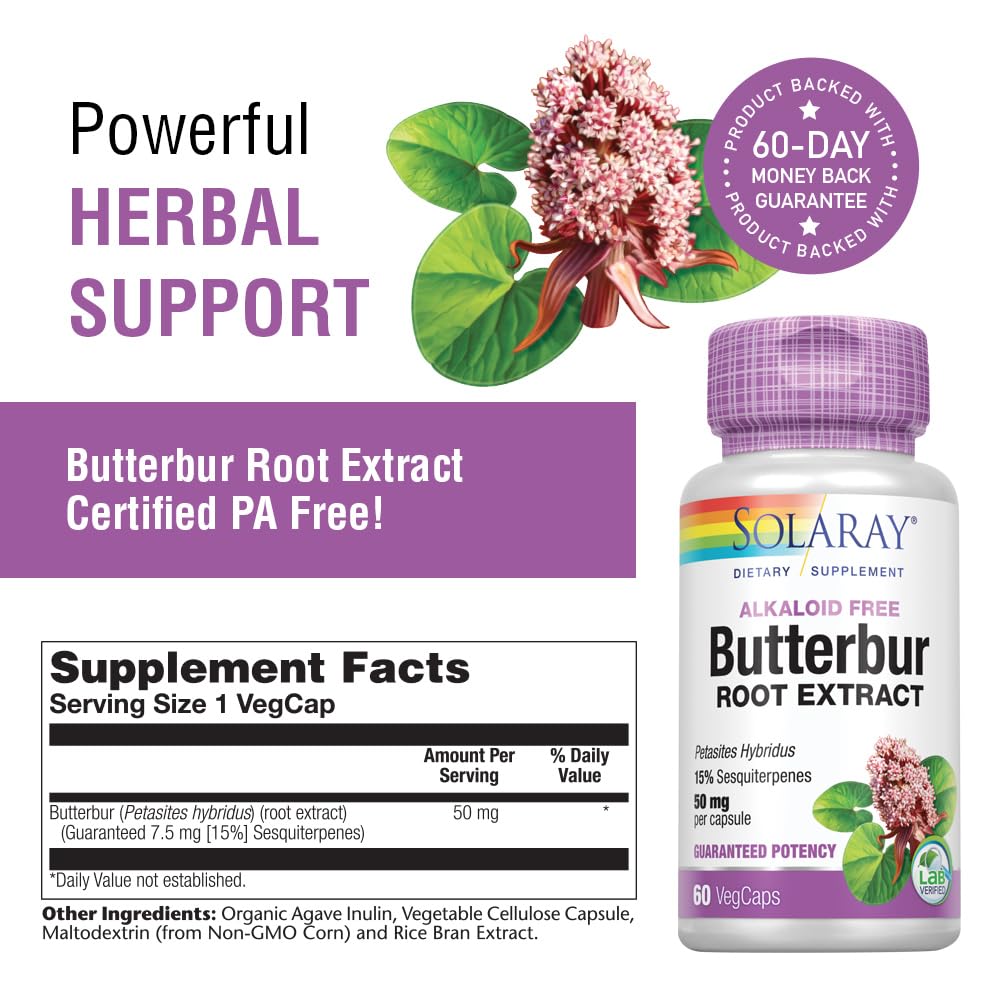 Butterbur root extract label showing ingredients