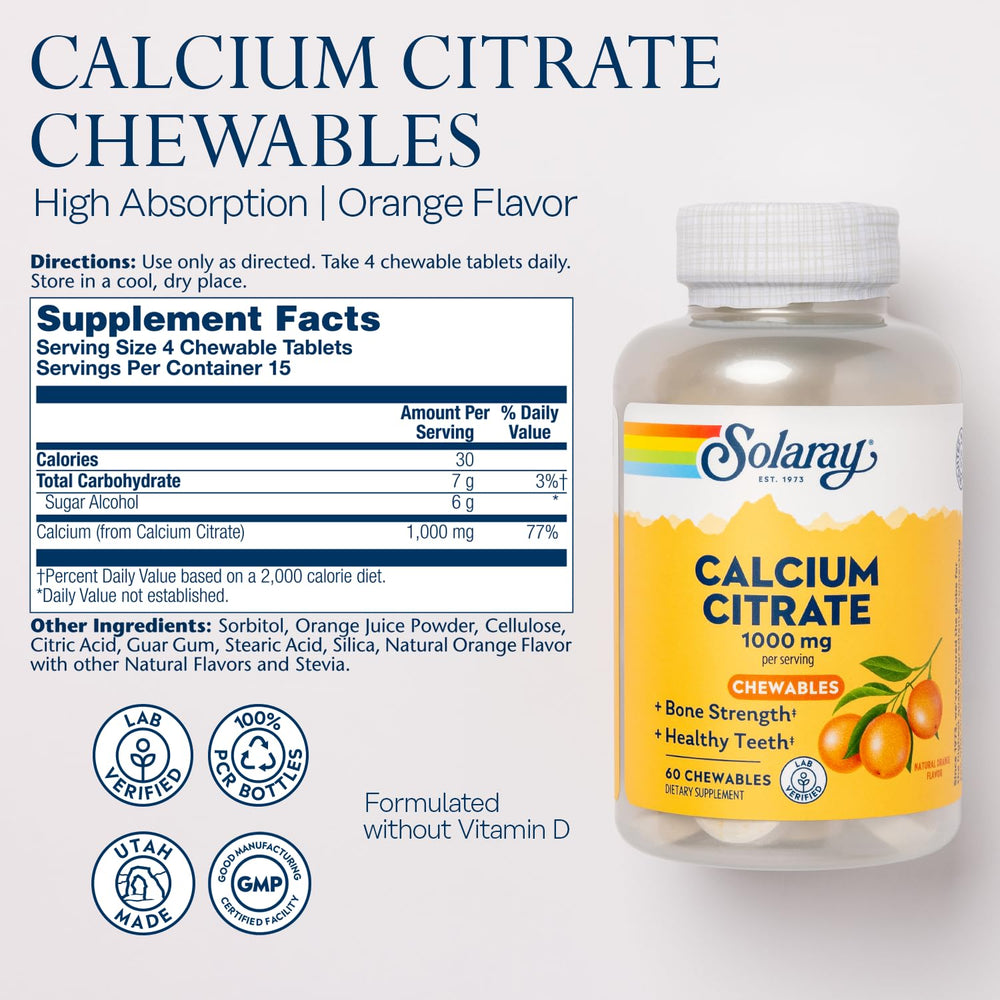 Close-up of orange-flavored calcium citrate chewables