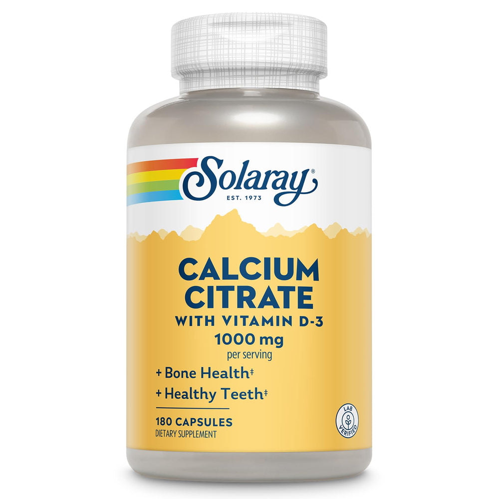 Front view of Solaray Calcium Citrate with Vitamin D3 1000mg bottle (180 capsules).