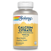 Front view of Solaray Calcium Citrate with Vitamin D3 1000mg bottle (180 capsules).