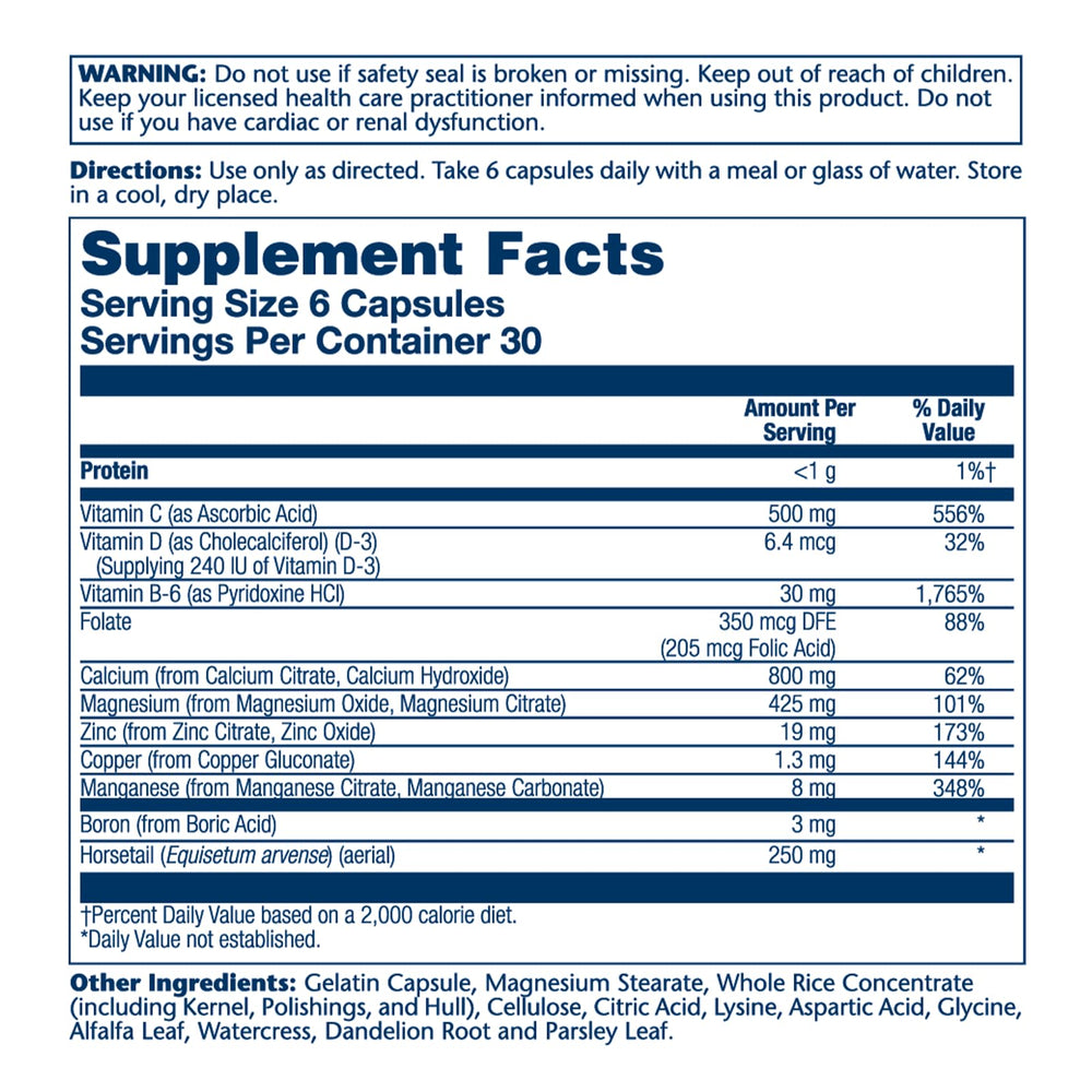 Close-up of label showing calcium citrate 800mg and bone health blend