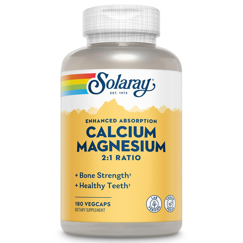 Solaray Calcium Magnesium bottle highlighting 2:1 ratio
