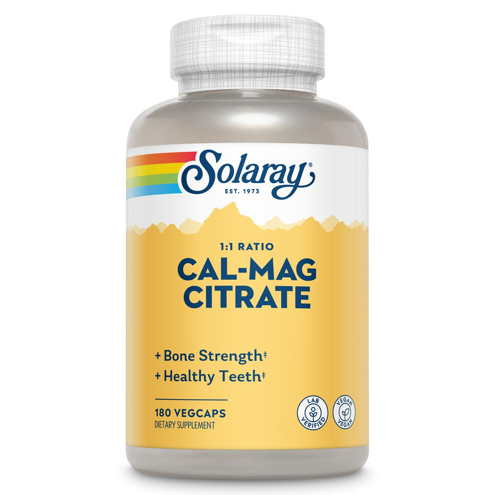 Bottle of Solaray Calcium Magnesium Citrate 1:1 ratio, 180 vegan capsules