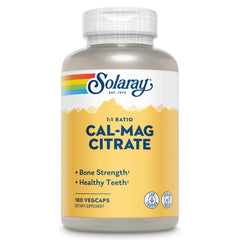 Bottle of Solaray Calcium Magnesium Citrate 1:1 ratio, 180 vegan capsules