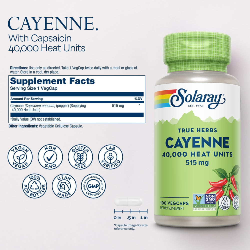 Close-up of Cayenne Pepper Capsule showing 515 mg per serving
