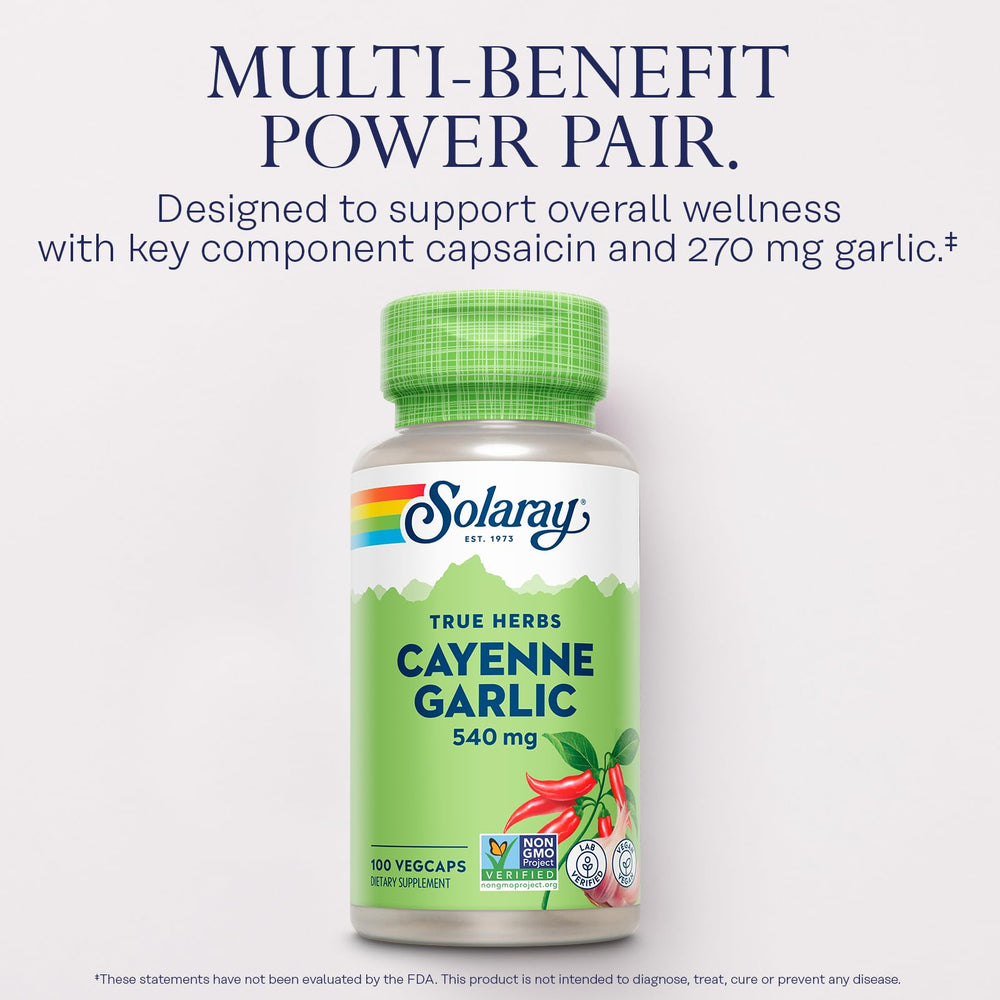 Nutrition label on SOLARAY Cayenne Garlic bottle