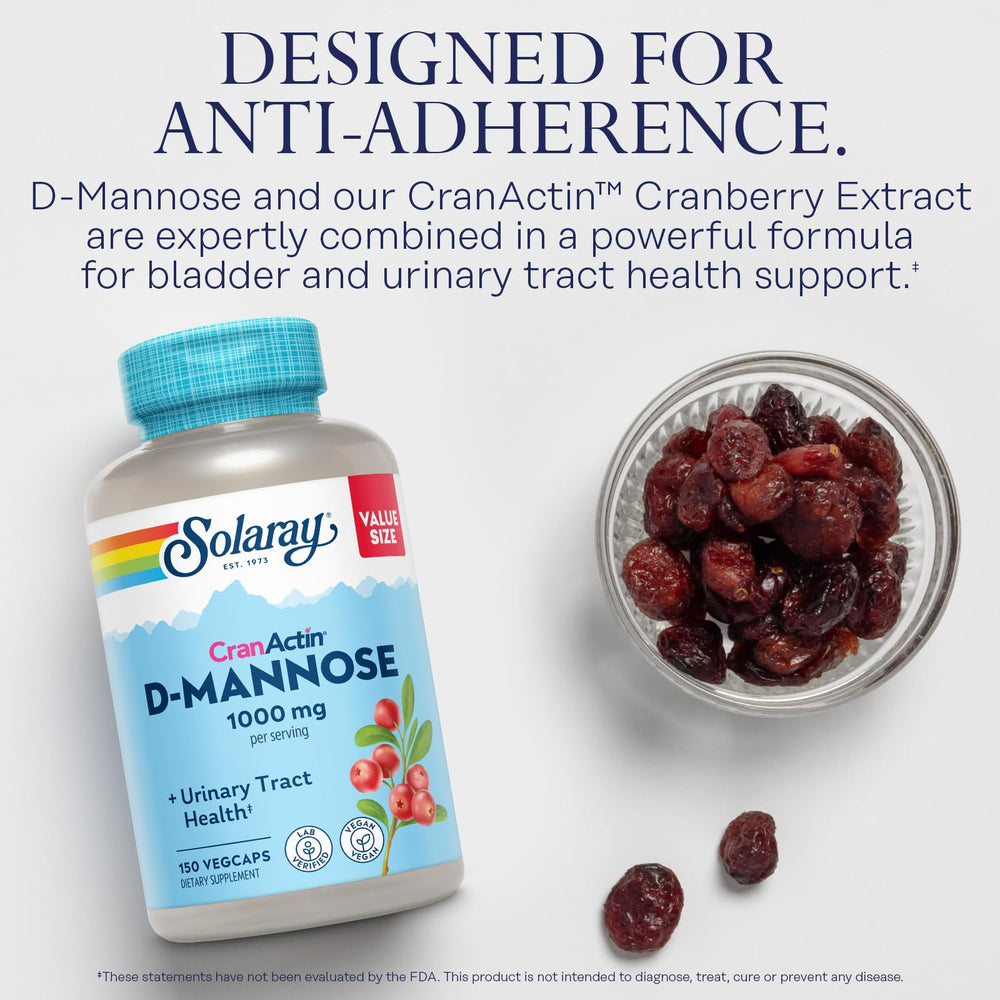 D-Mannose and CranActin Cranberry capsules shown in a bowl