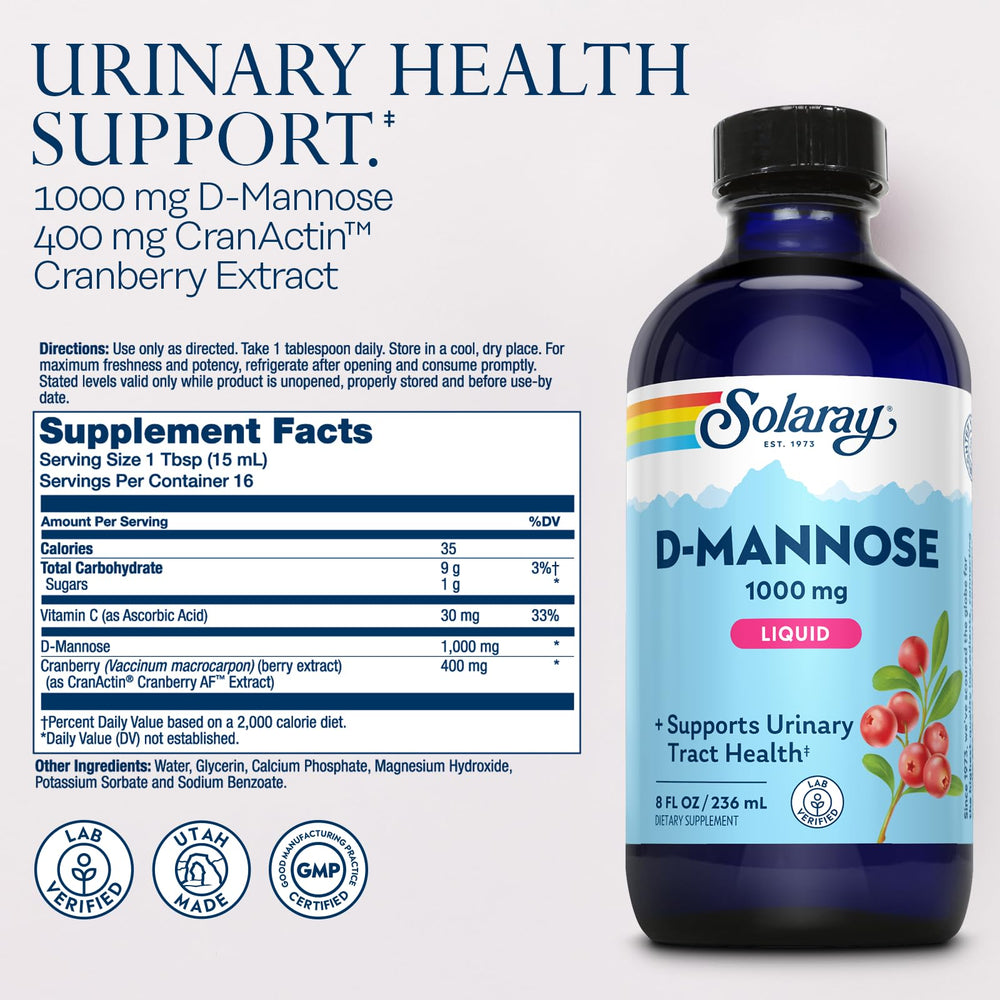 Close-up of SOLARAY D-Mannose 1000 mg liquid formula with CranActin Cranberry