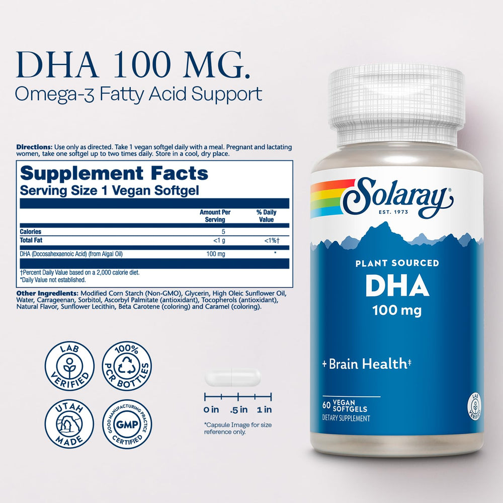 Angled view of Solaray DHA 100 mg algae-based softgel bottle