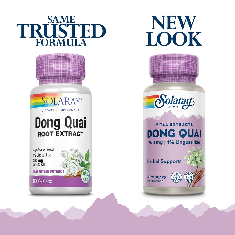 Close-up of SOLARAY Dong Quai Root Extract bottle label