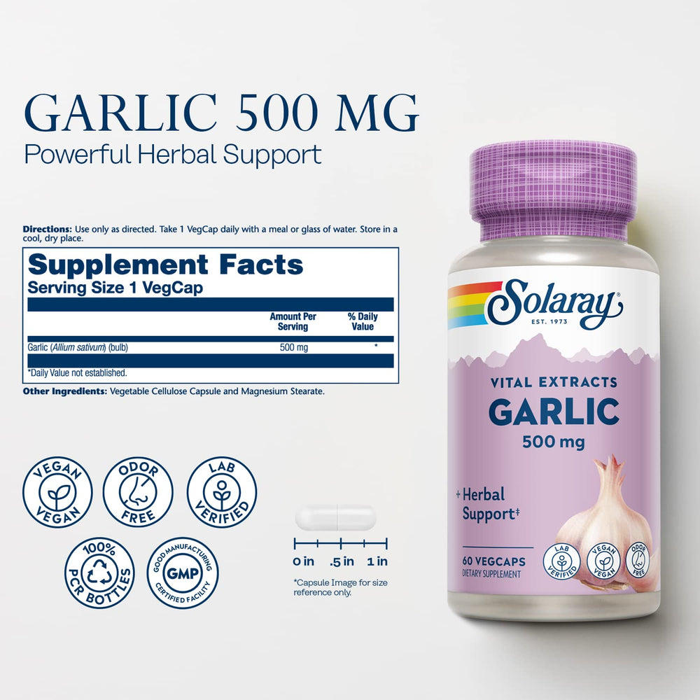 Close-up of SOLARAY odorless garlic extract enteric-coated VegCaps