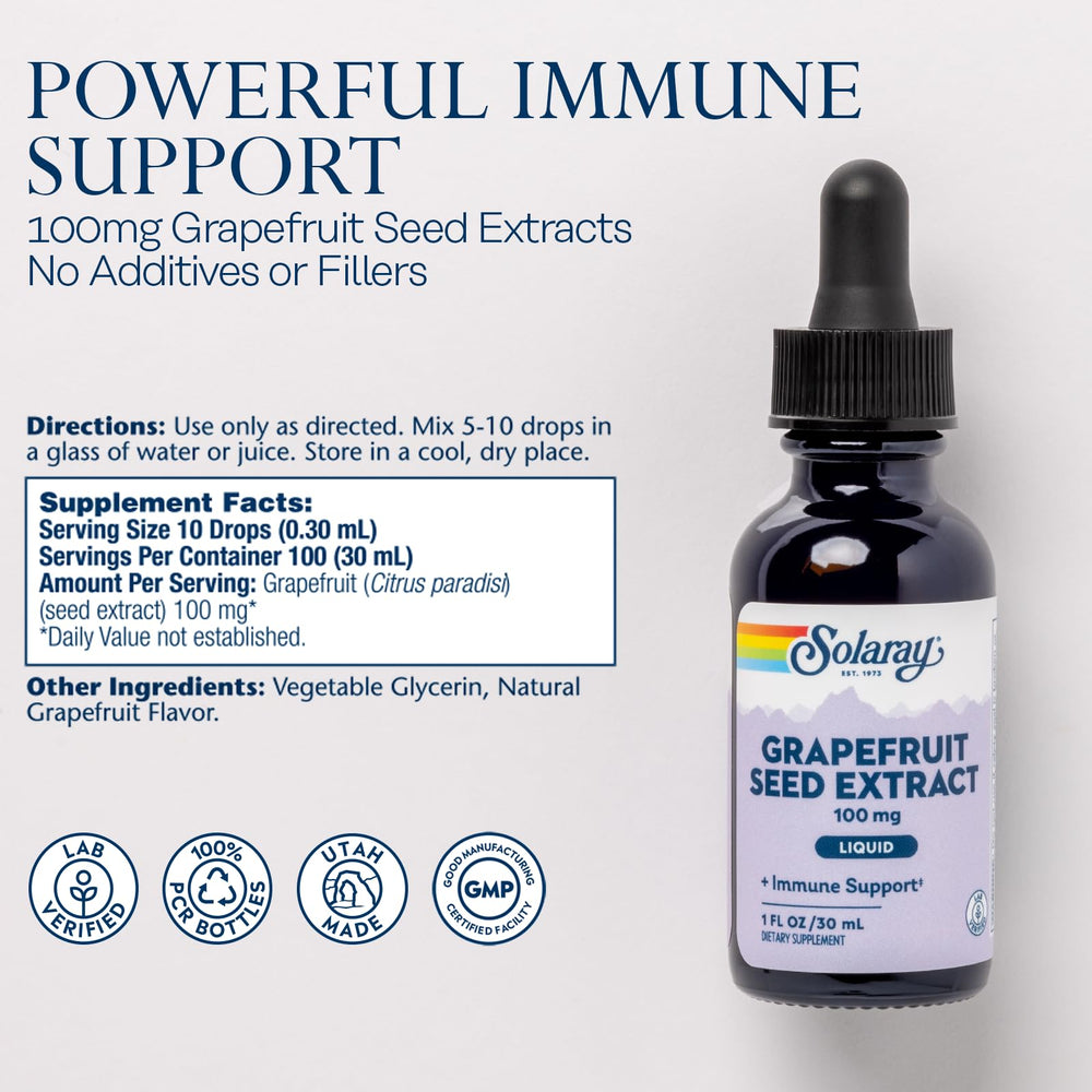 SOLARAY Grapefruit Seed Extract Drops poured into glass for easy daily use