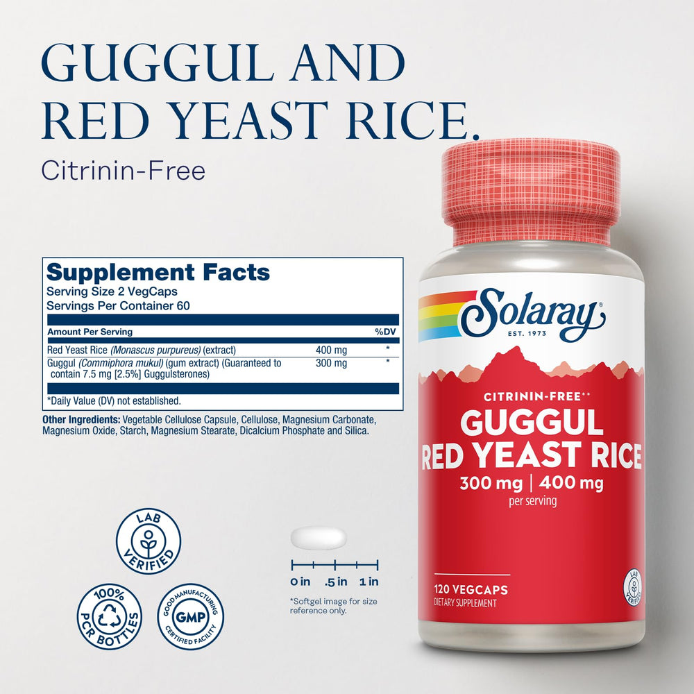 Product label showing Red Yeast Rice and Guggul ingredients