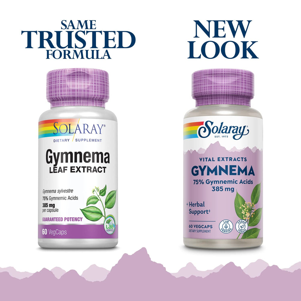 Solaray Gymnema Leaf Extract bottle label showing potency 385 mg