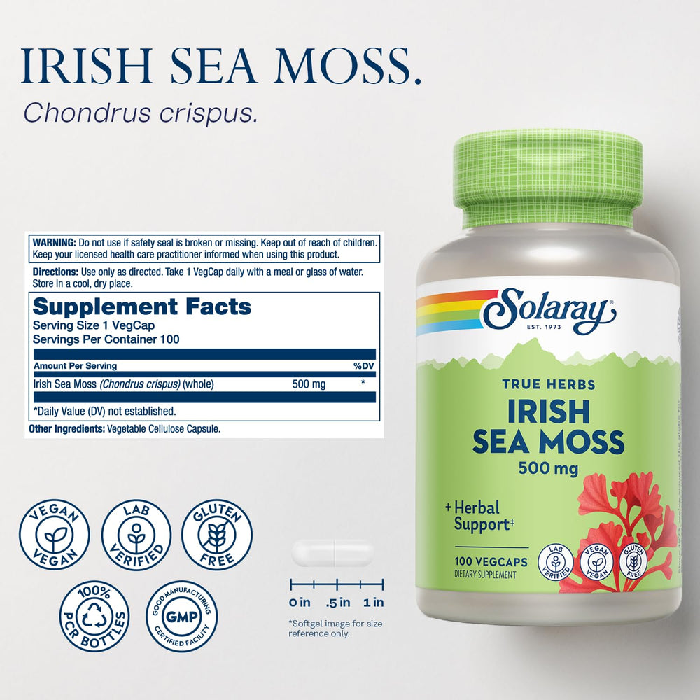 Close-up of SOLARAY Sea Moss bottle and VegCaps
