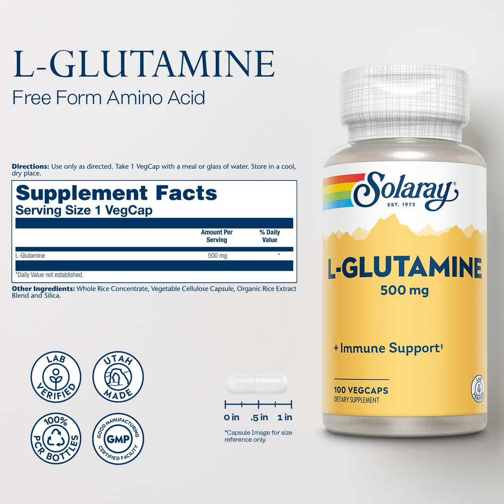 Ingredient label showing L-Glutamine 500 mg per capsule