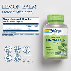 Nutrition facts label for SOLARAY Lemon Balm Aerial 475 mg